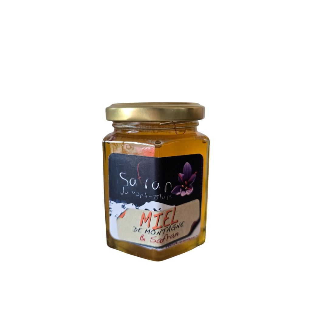 Jar of honey with a label on a white background