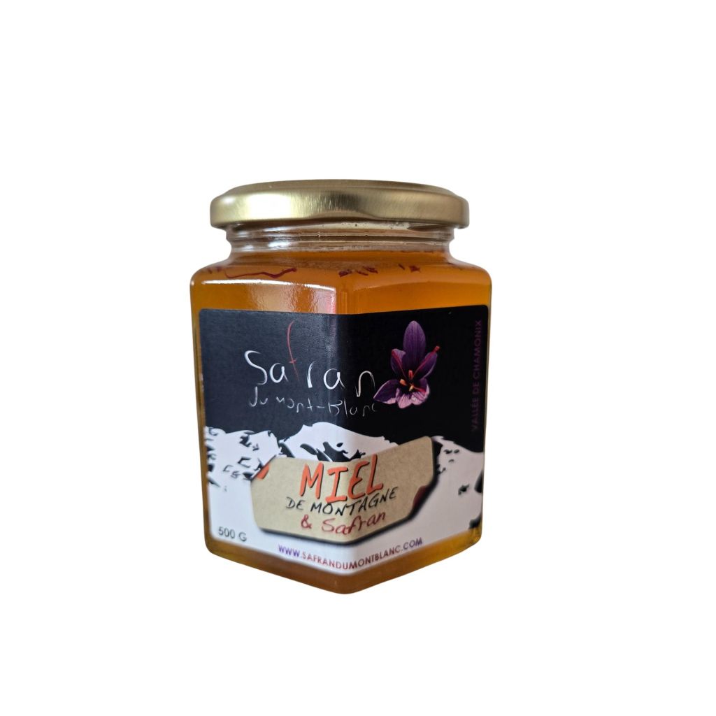 Jar of honey with a label on a white background