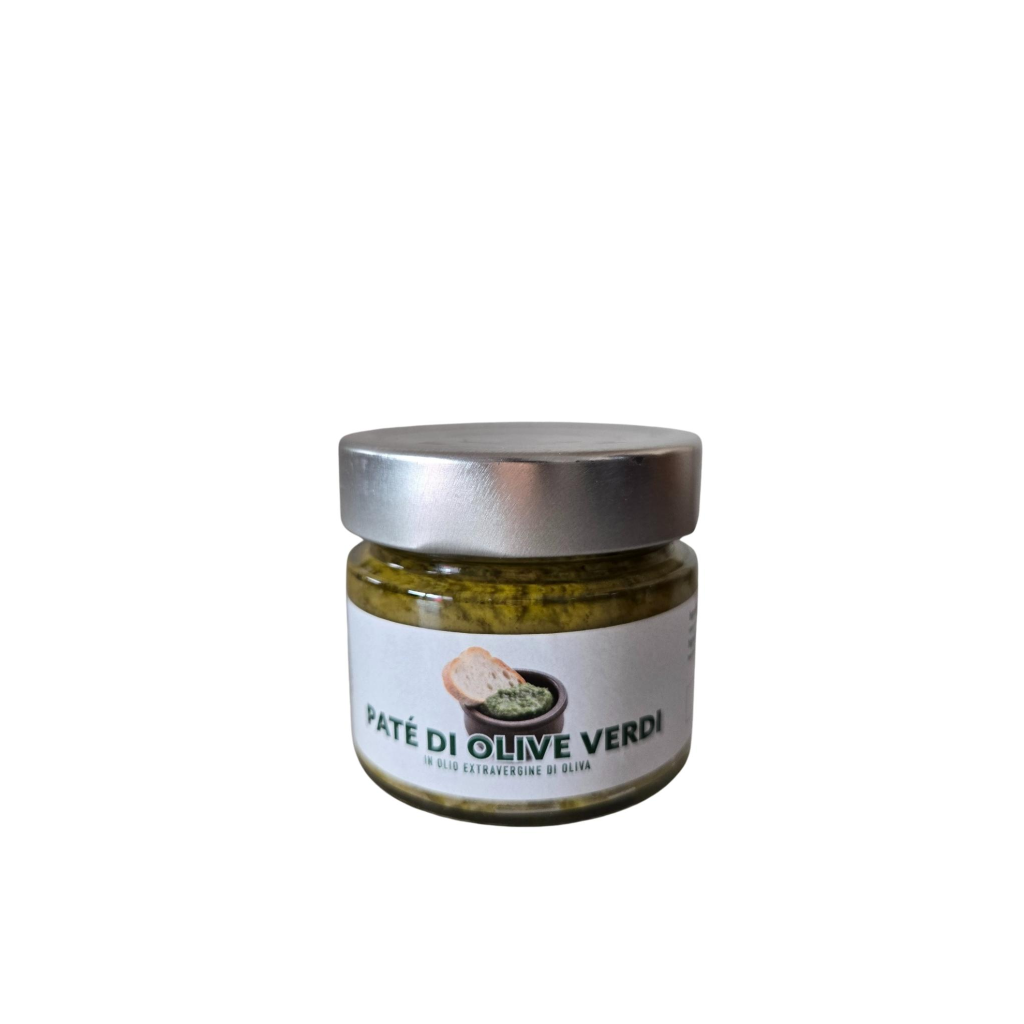 Jar of Páté di Olive Verdi on a white background